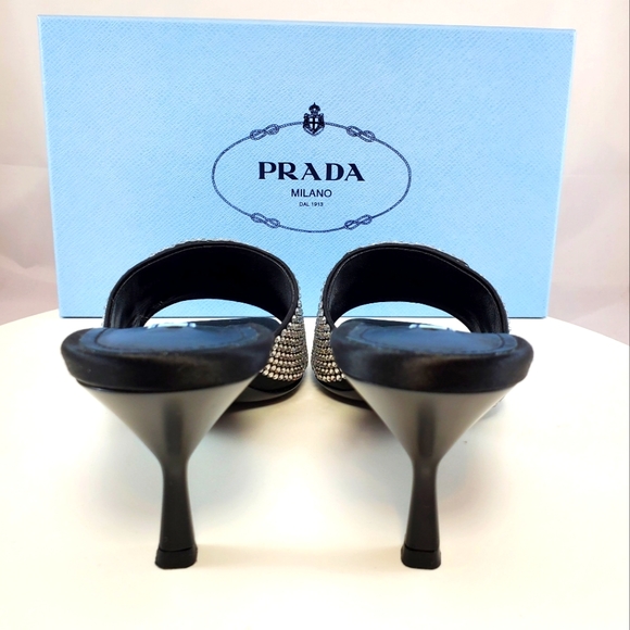 NWT$1,650 PRADA Satin Crystal Open Toe Logo Embellished Slides Mules Sz 39 - Picture 13 of 17